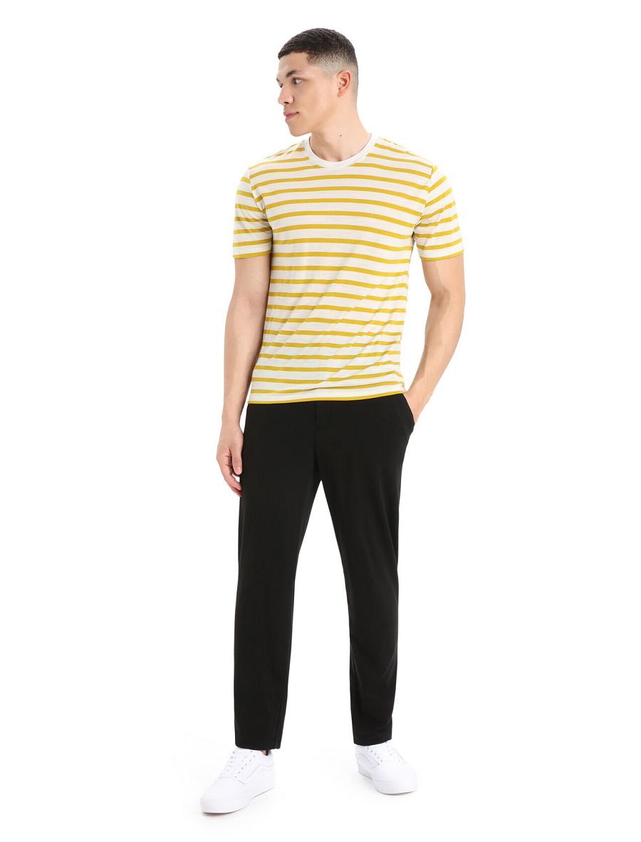 Ecru Heather / Silent Gold Icebreaker Merino Drayden Short Sleeve Stripe Men's T Shirts | AU 1185QMAZ